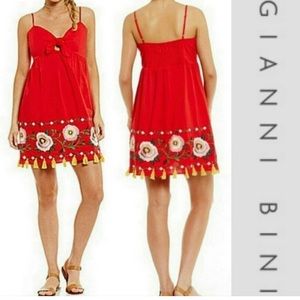 Gianni Bini Red Dress with Floral Embroidery and Yellow Tassels